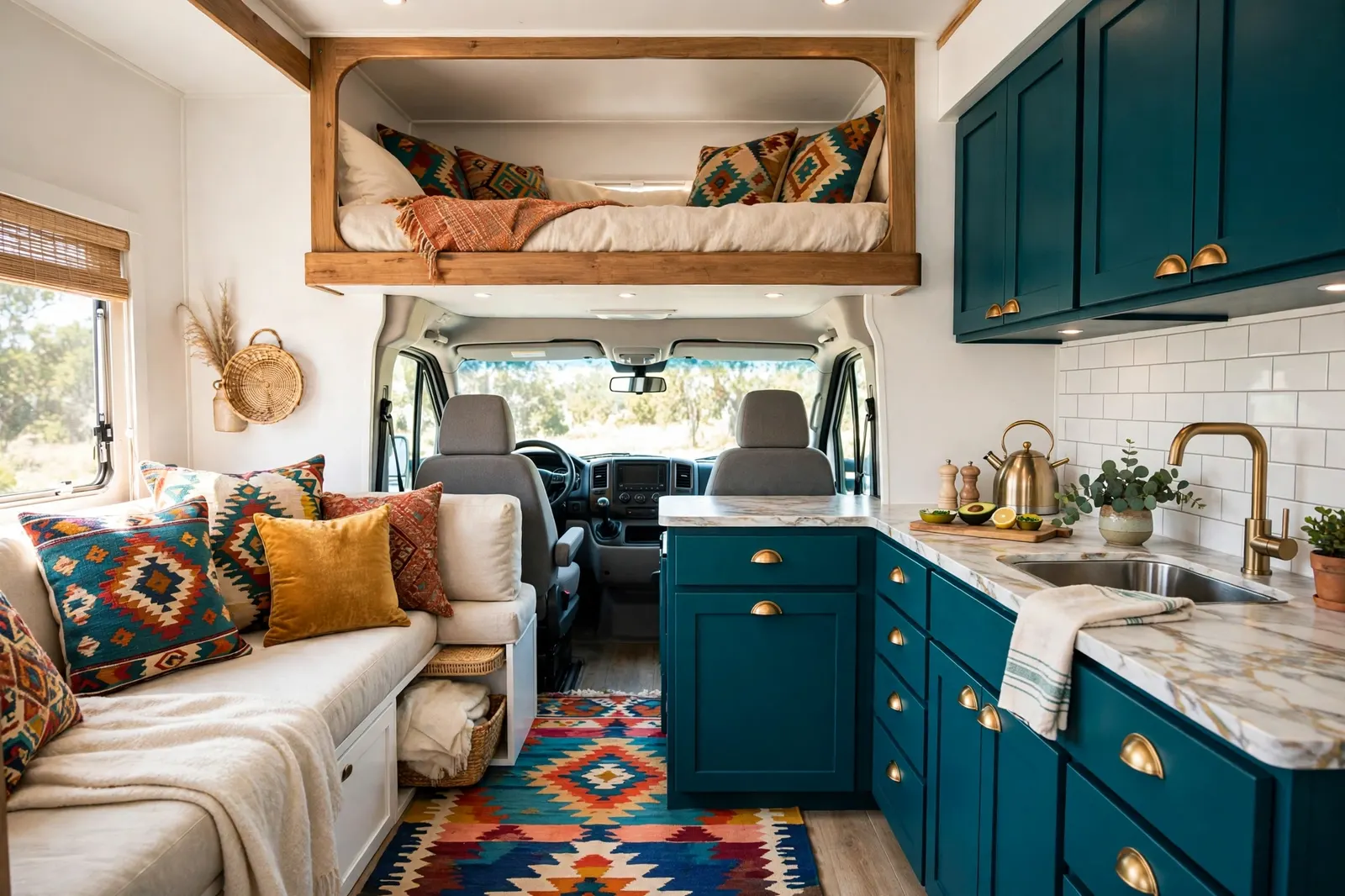 Renovated Class C motorhome interior with bold teal kitchen cabinets, brass cup pulls, white subway tile backsplash, marble-look counters and kilim rug, cab-over bunk above.
