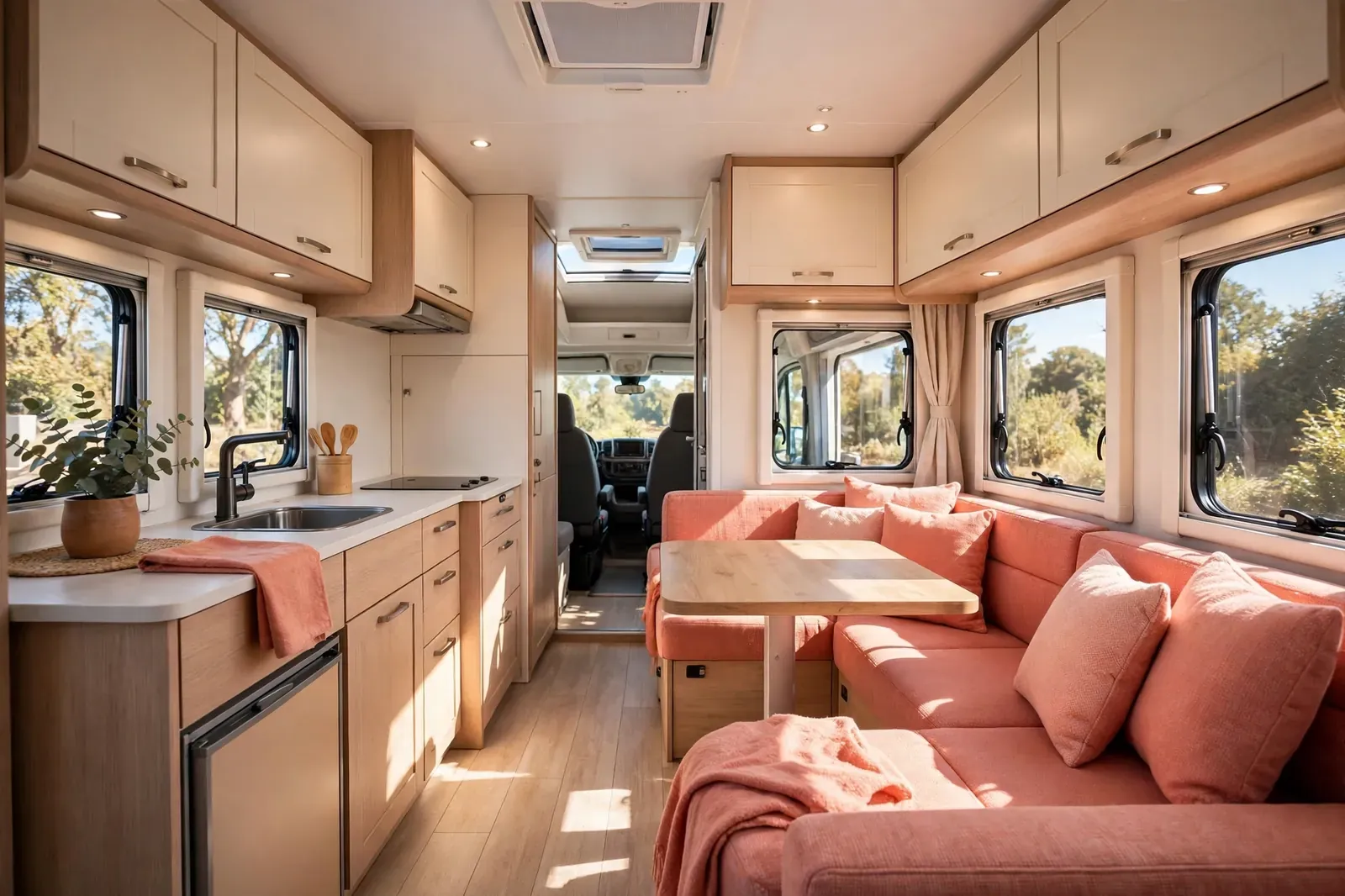 Coral and warm white motorhome interior