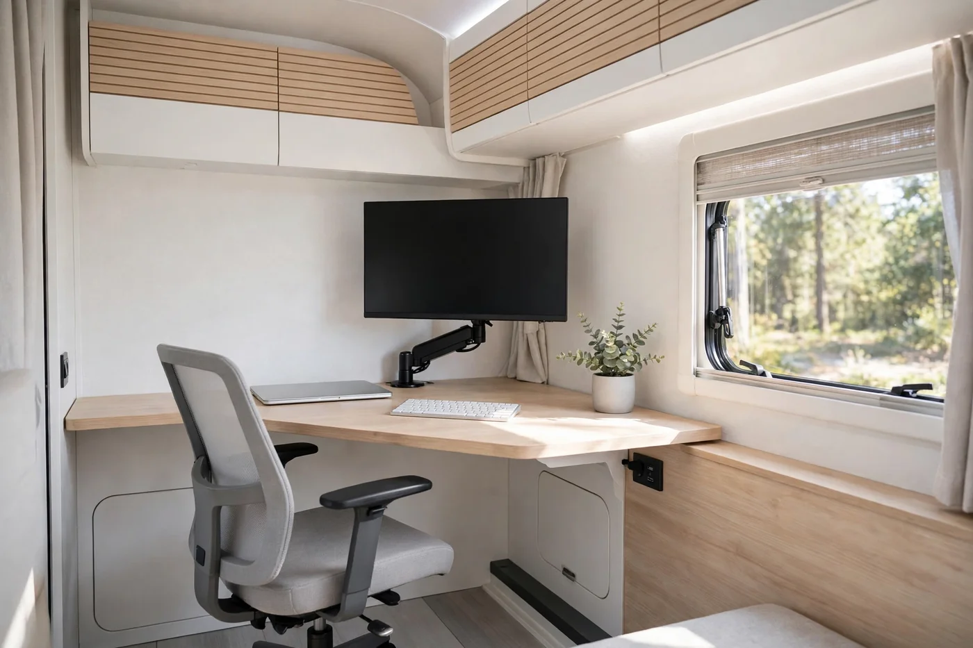 Minimalist RV desk with a single monitor on an adjustable black monitor arm, a slim laptop, compact keyboard, and an ergonomic chair by a window
