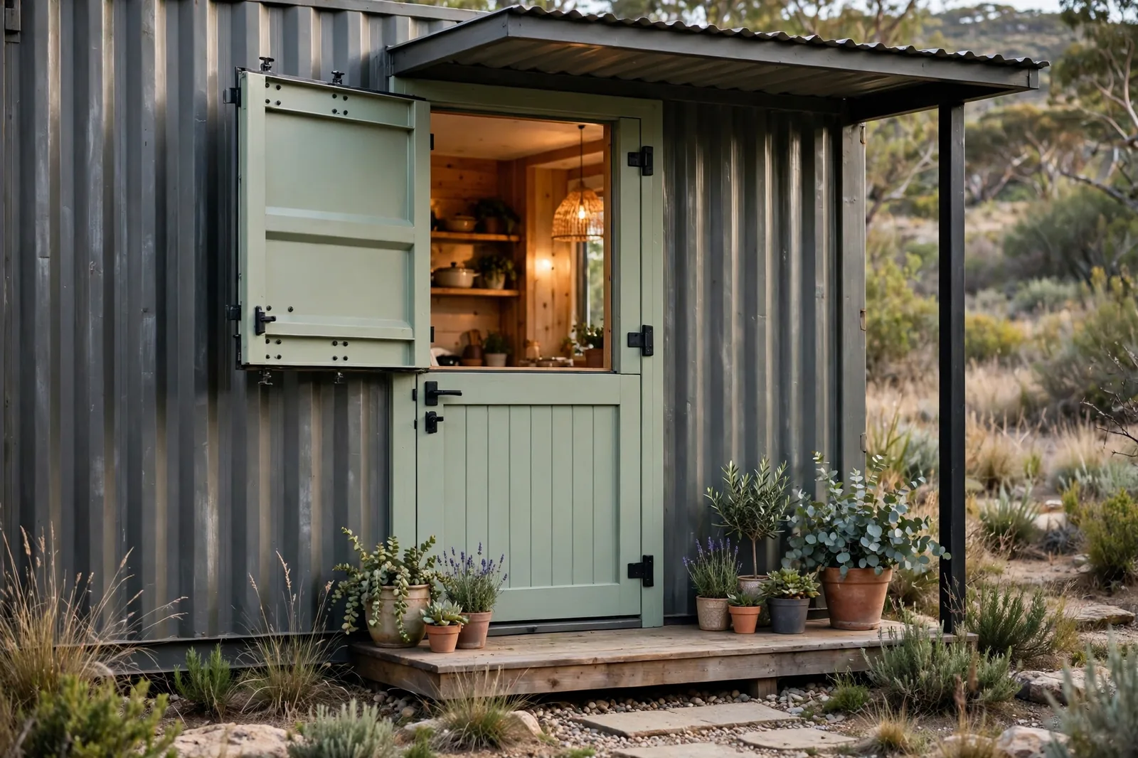 Sage green split dutch door with the top half open at a container home entrance, warm interior beyond