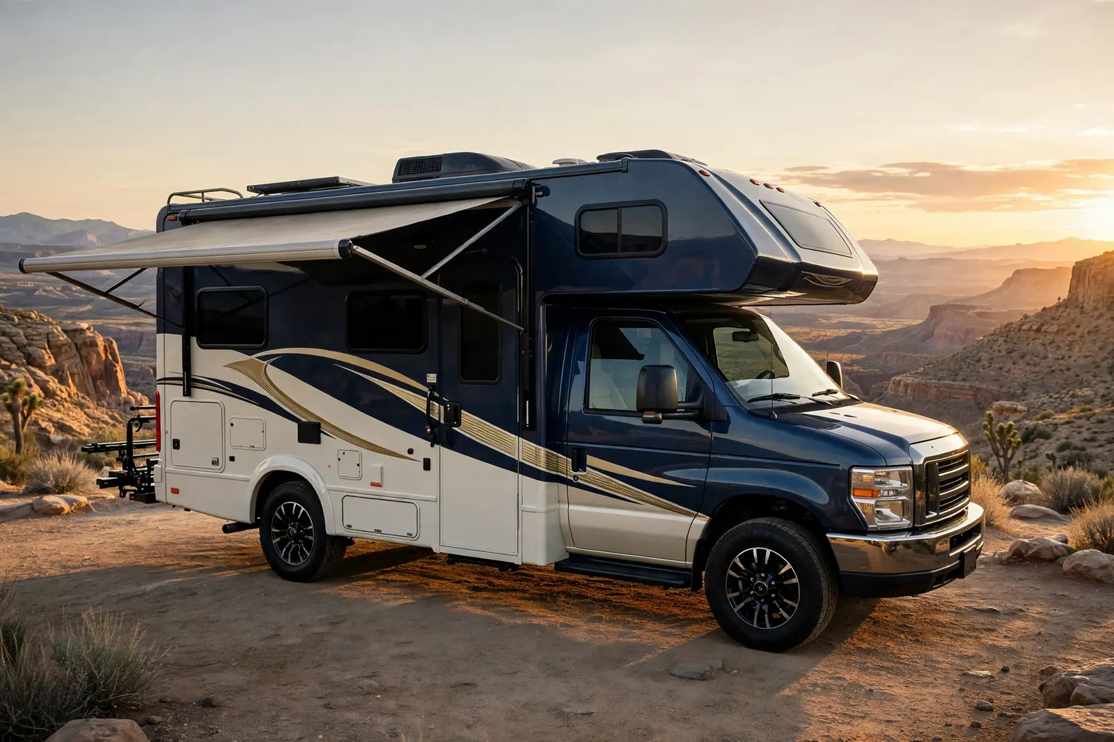 Class C motorhome exterior with fresh two-tone navy and cream paint with gold swoosh graphics, new black wheels and extended awning, parked at a desert overlook at golden hour.