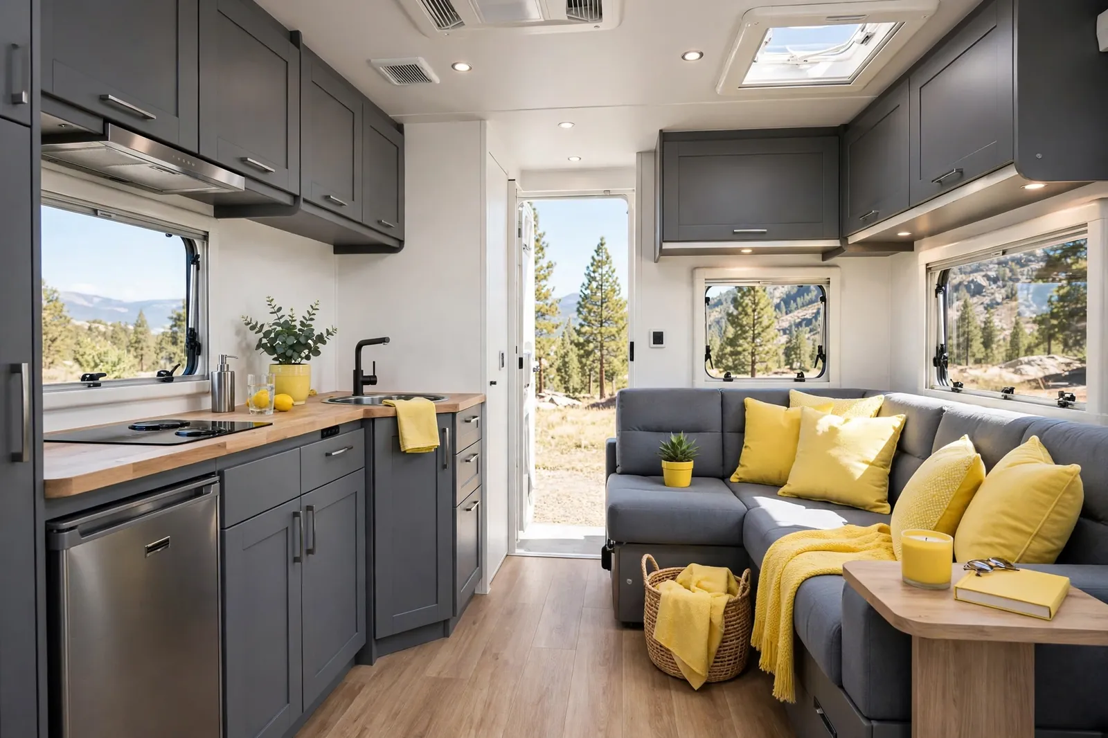 Slate grey and lemon yellow motorhome interior