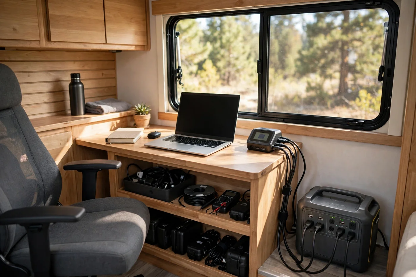 Off-grid RV workspace desk with a laptop, portable solar power station, charging cables, and an ergonomic chair beside a large window overlooking trees