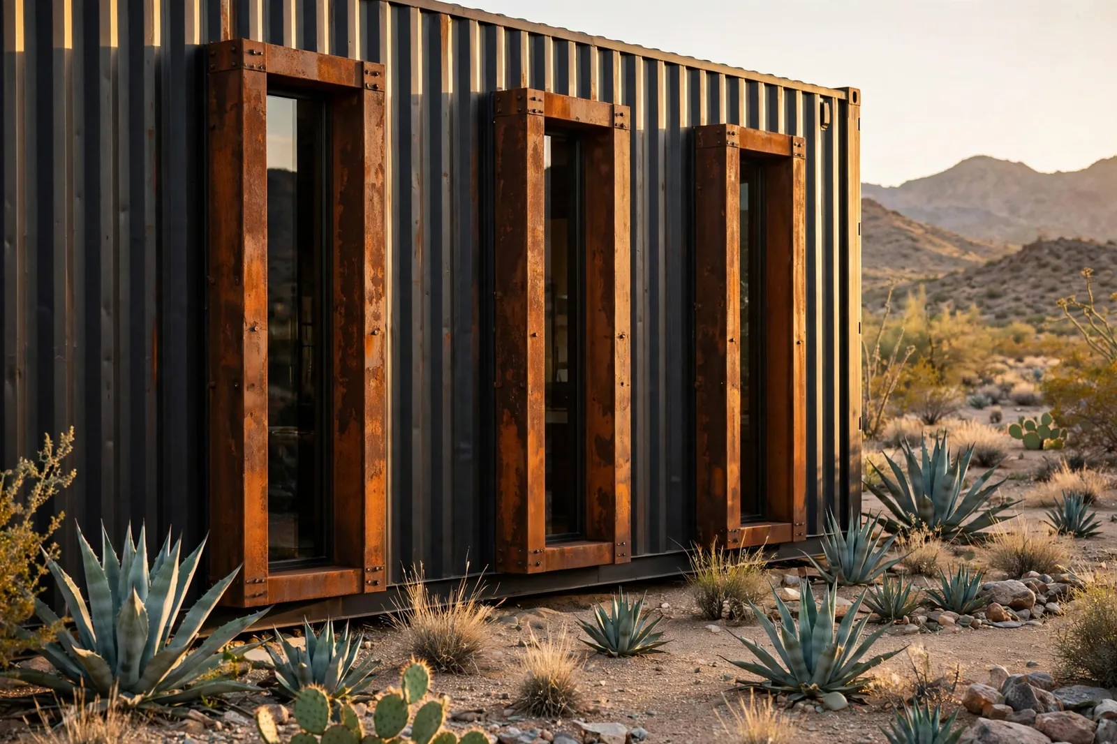 Tall windows framed in rusted corten weathering steel set into a dark container home wall at golden hour