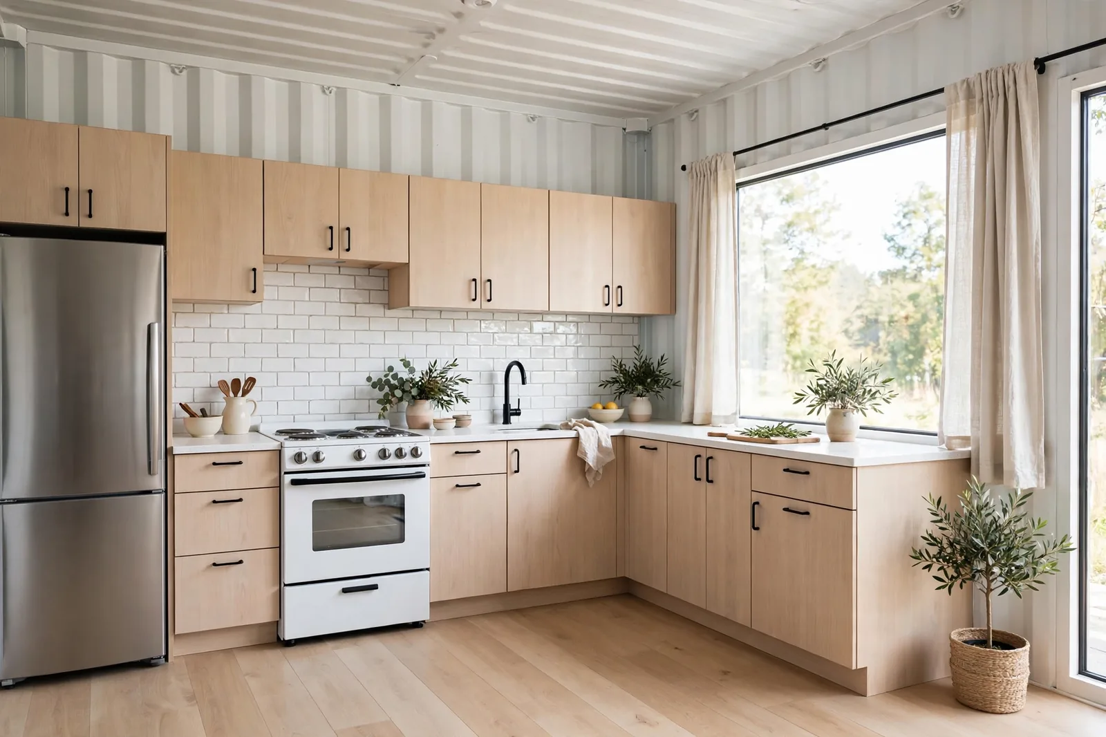 Bright Scandinavian container home kitchen with light ash cabinets, white quartz countertops, white subway tile, stainless refrigerator and white range