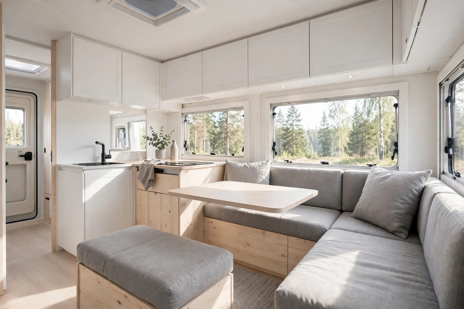 Nordic white and pale wood motorhome interior