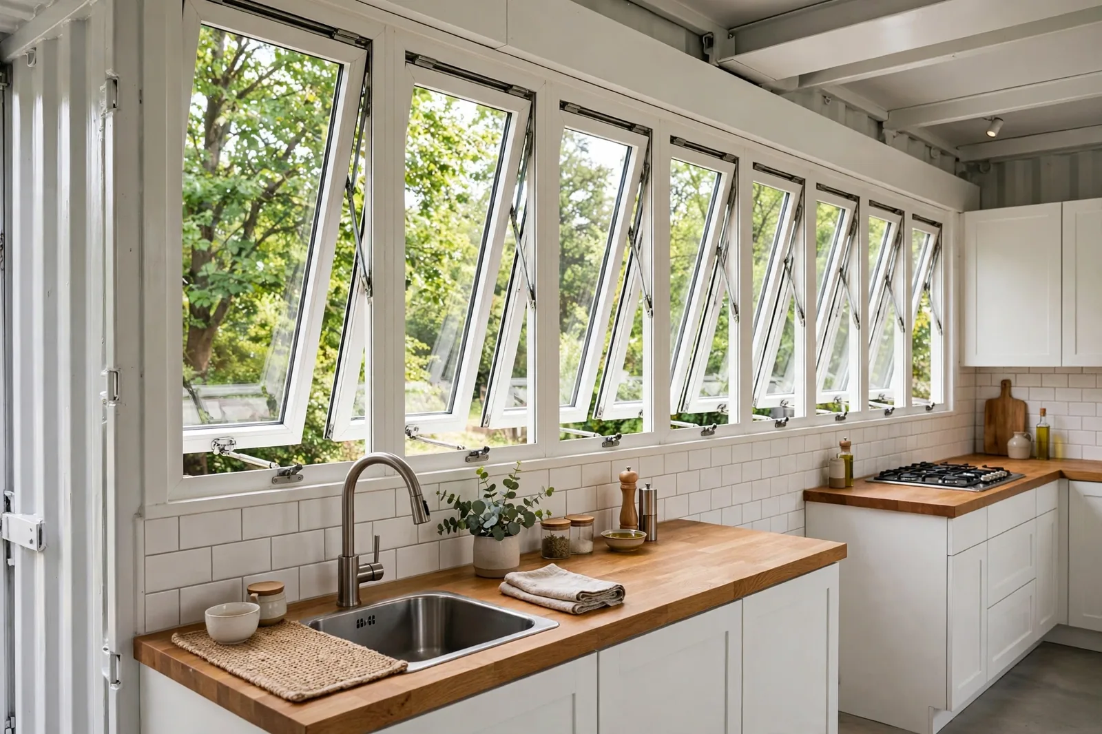 Row of awning windows cranked open above a container home kitchen counter, trees beyond
