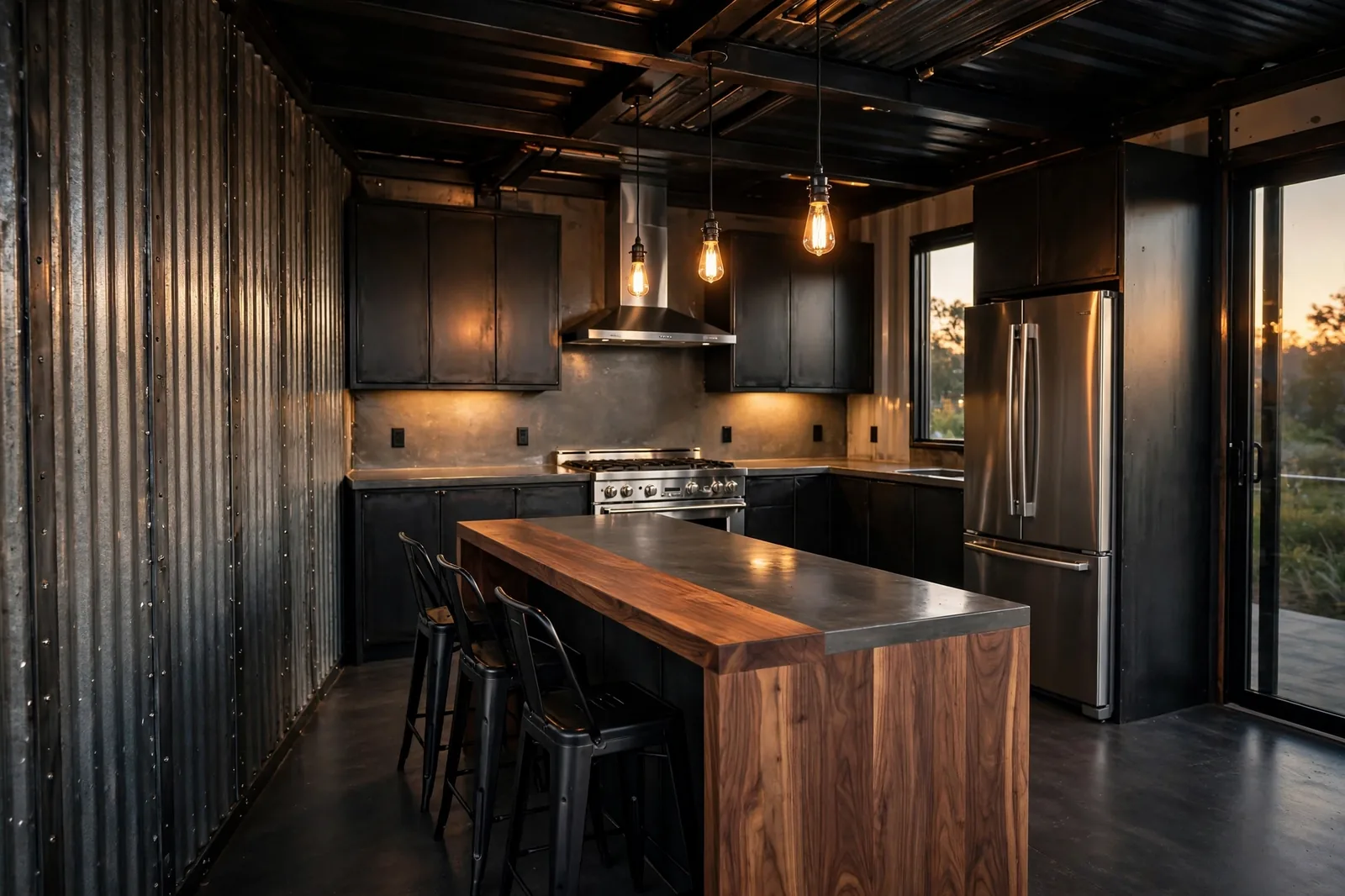 Industrial luxe container home kitchen with blackened steel cabinets, polished concrete countertops, walnut waterfall island, Edison pendants, stainless professional range and refrigerator