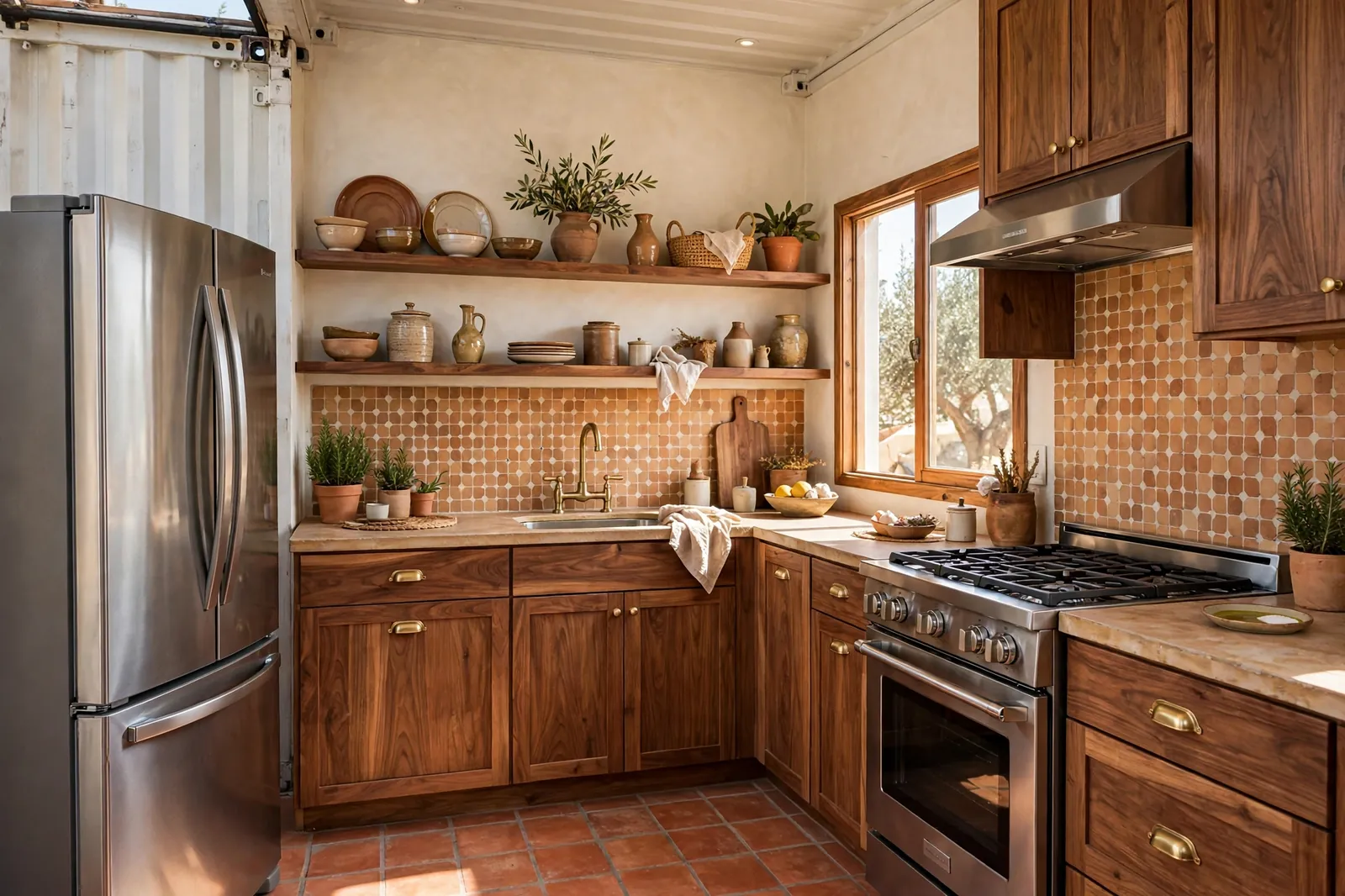 Complete Mediterranean terracotta container home kitchen with walnut cabinets, terracotta tile backsplash, stainless fridge and gas range