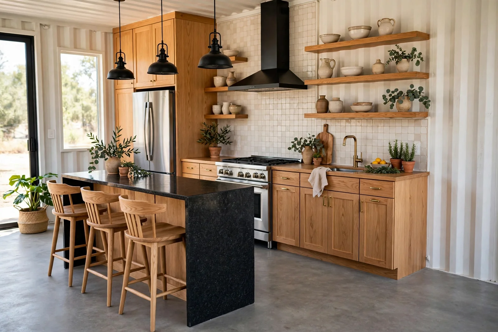 Complete container home kitchen with warm white oak cabinets, black granite island, brass fixtures and stainless appliances
