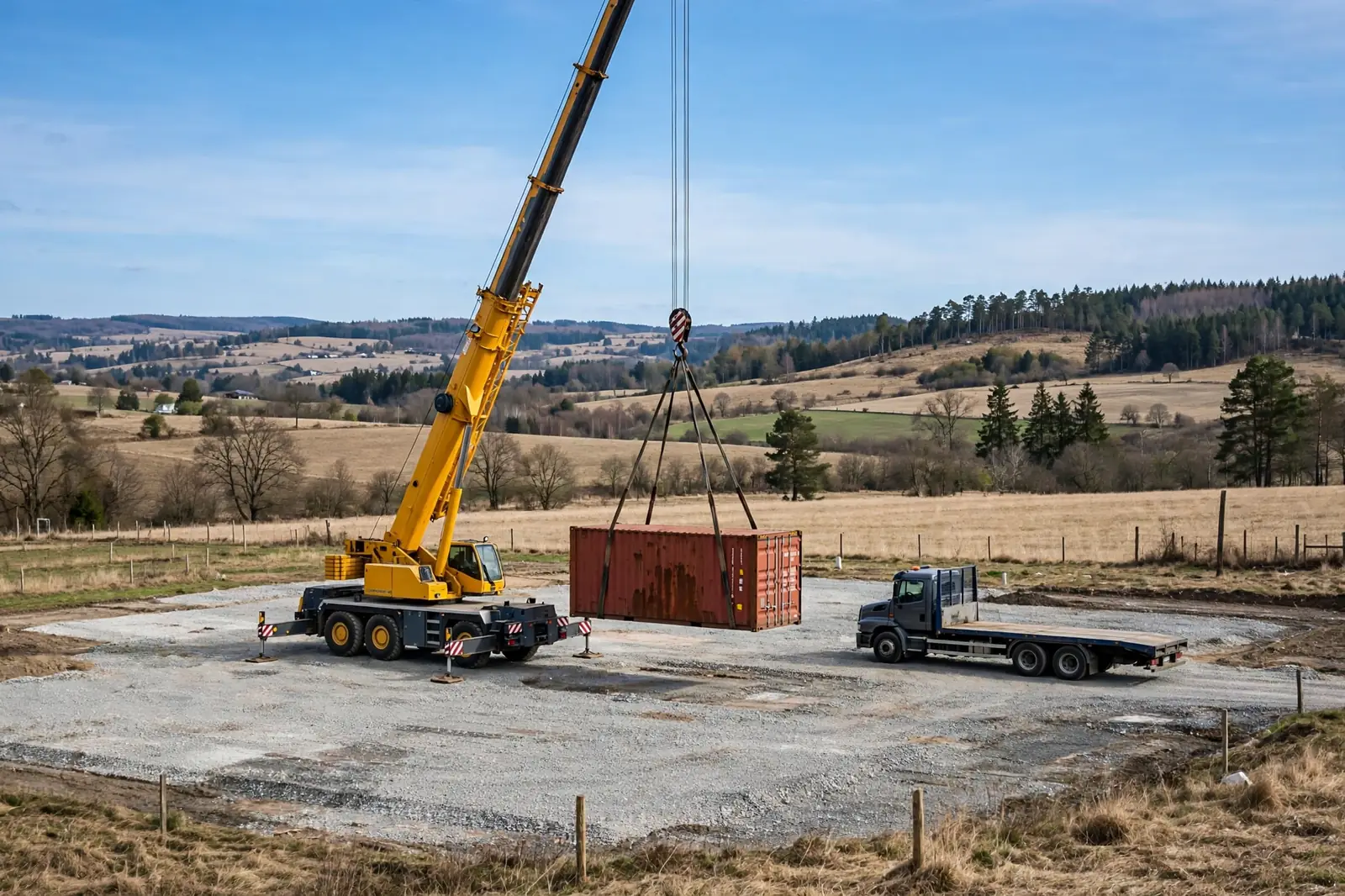 A mobile crane lifting a rust-red shipping container onto a rural gravel building site, flatbed truck nearby