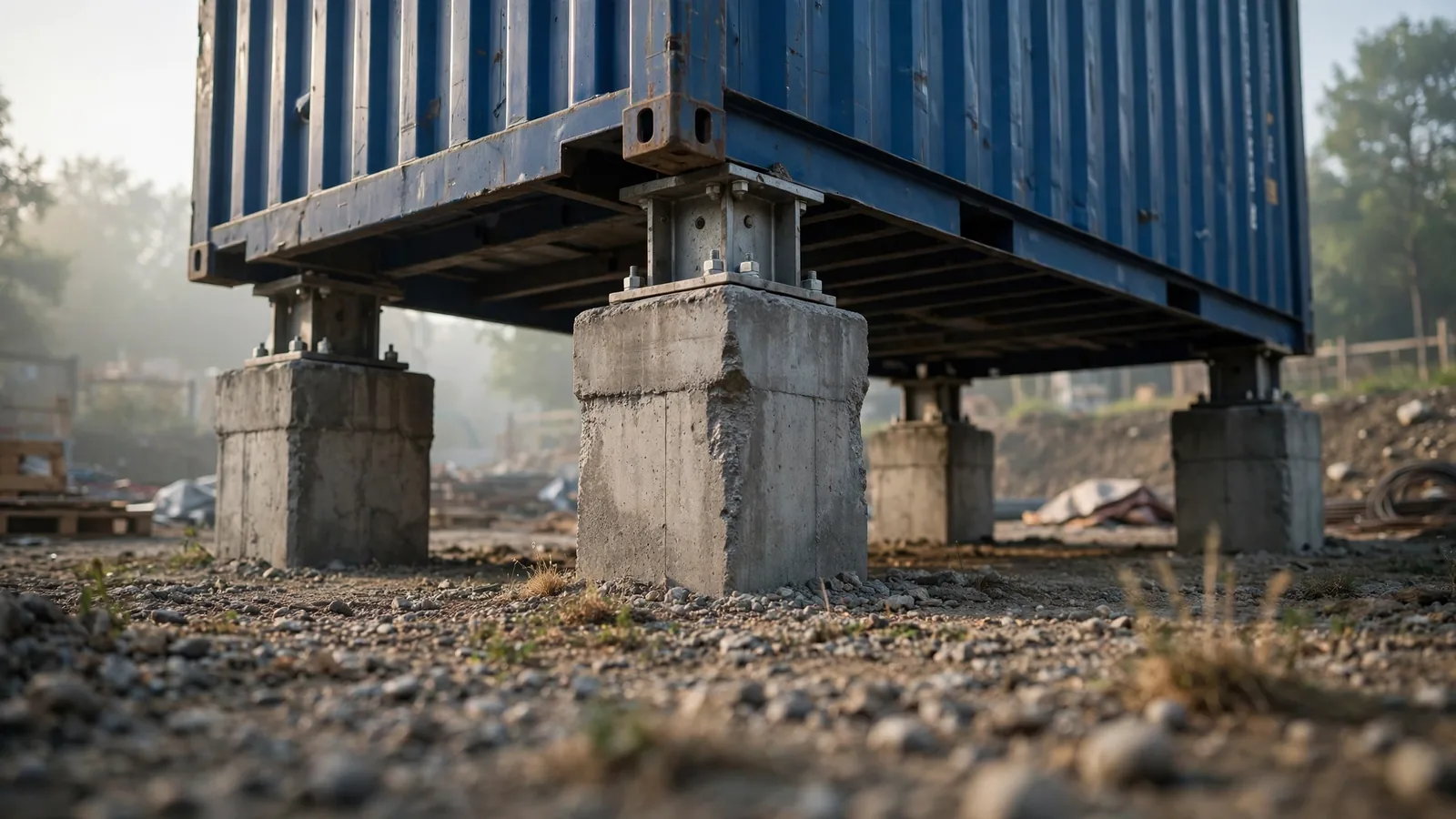 Low angle view of concrete pier foundations with steel anchor brackets supporting a raised shipping container at a construction site