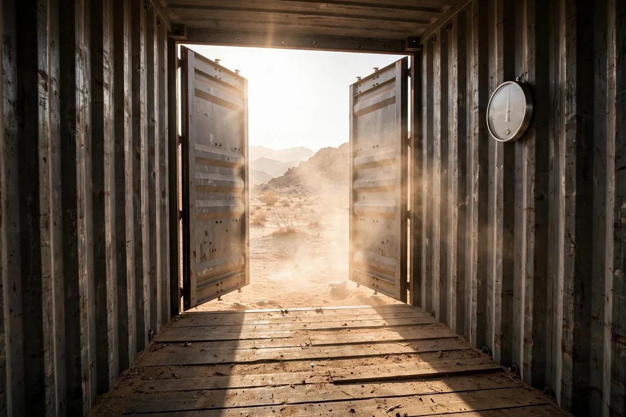 Interior of a bare steel shipping container in desert heat, bright sunlight streaming through open doors with a round thermometer mounted on the corrugated steel wall