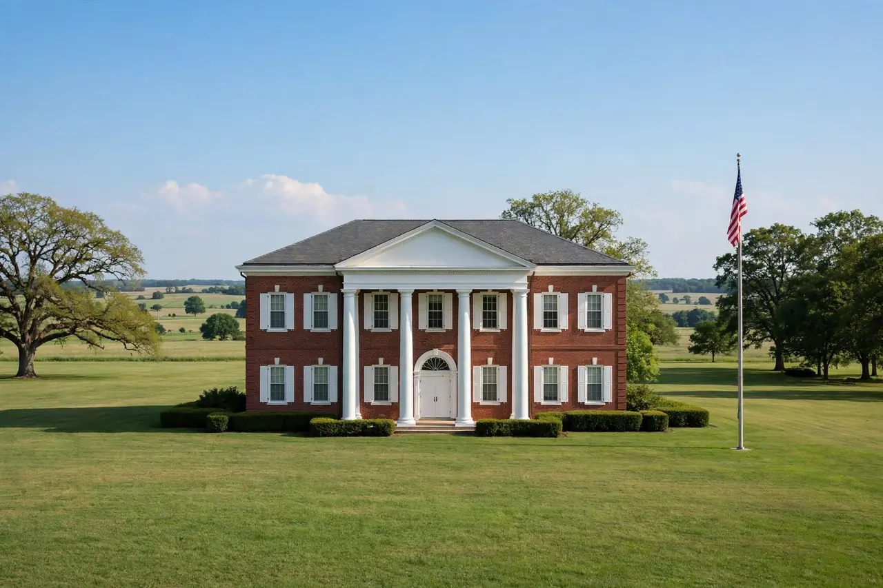 Brick municipal building with white columns, manicured lawn and flagpole under a clear blue sky