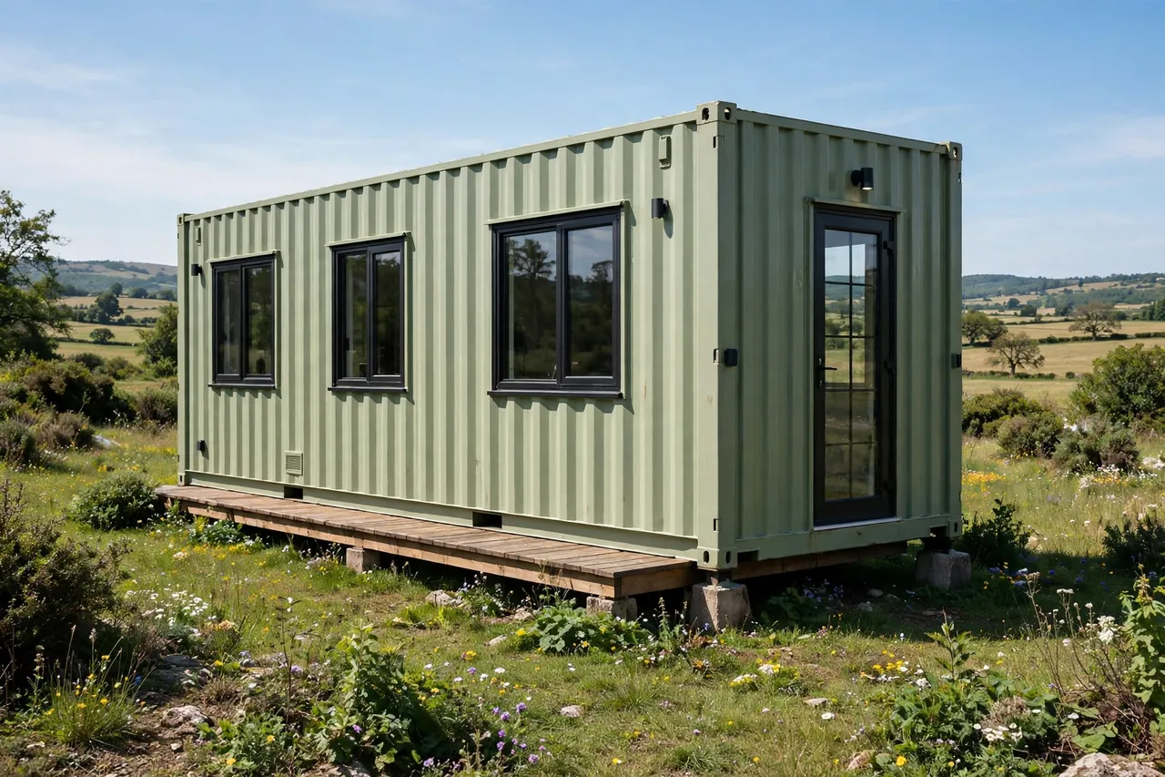 Completed sage-green 20-foot shipping container home with black-framed windows, wooden deck, and concrete pier foundation on rural land