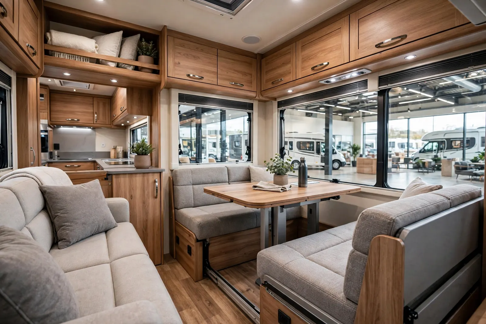 Bright modern motorhome living area with sofa and dinette in a showroom