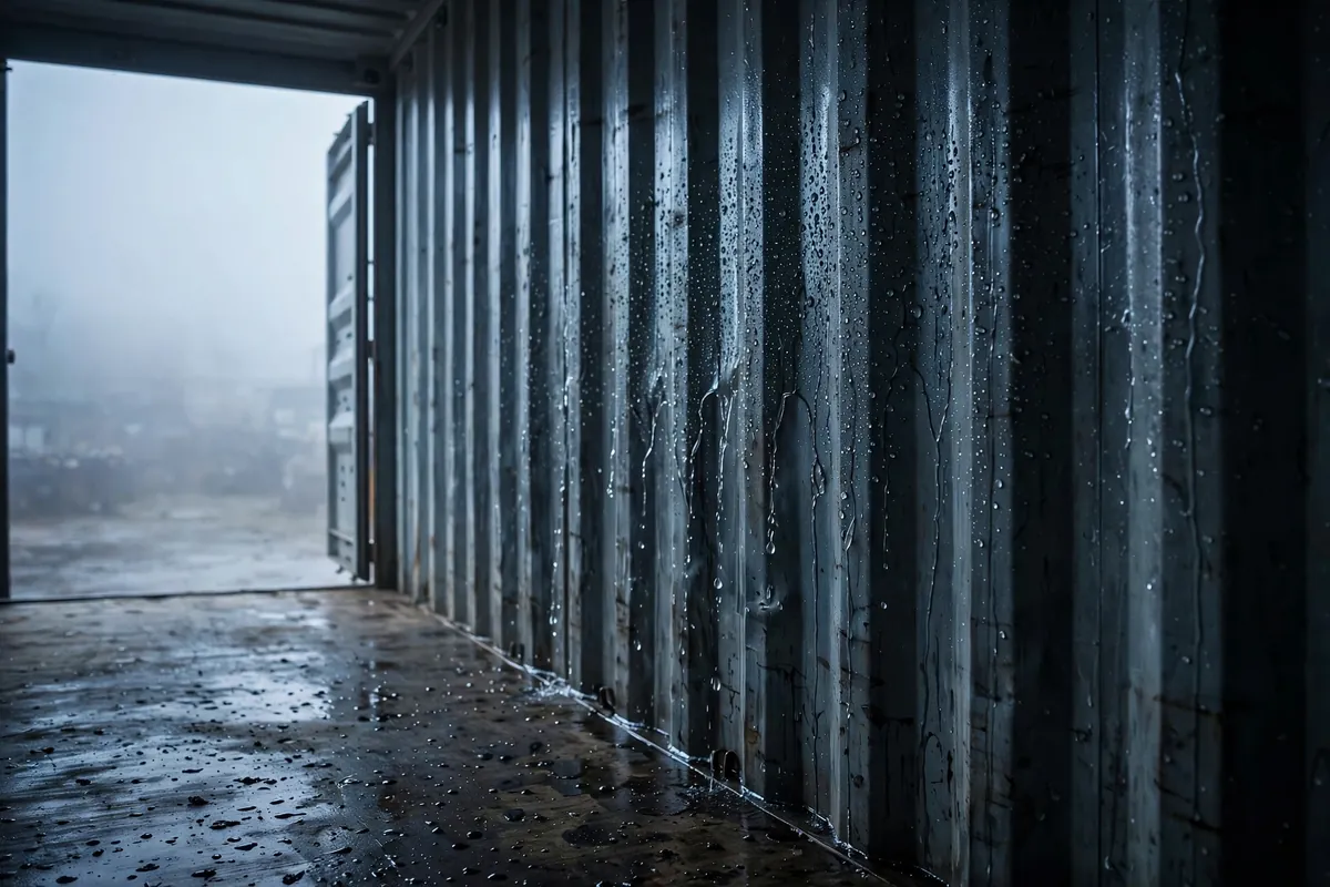 Heavy condensation droplets running down the corrugated steel interior wall of a shipping container