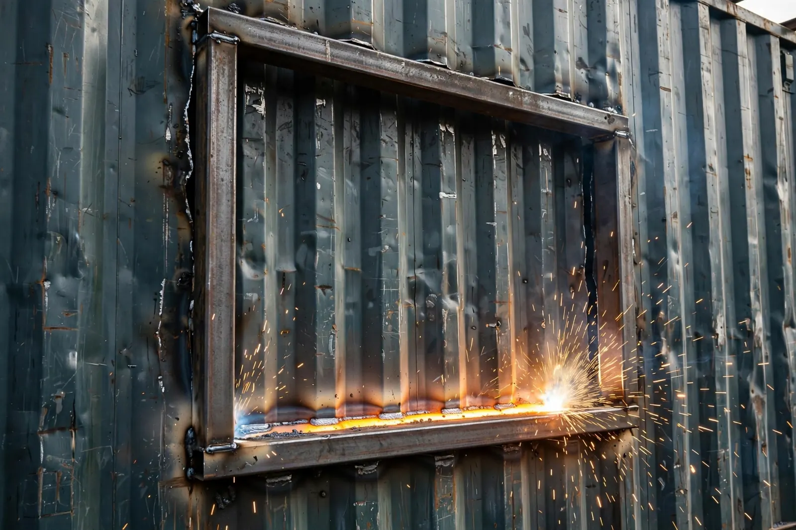 Welded steel beam frame reinforcing a window opening cut into a corrugated shipping container wall, glowing weld seam and sparks