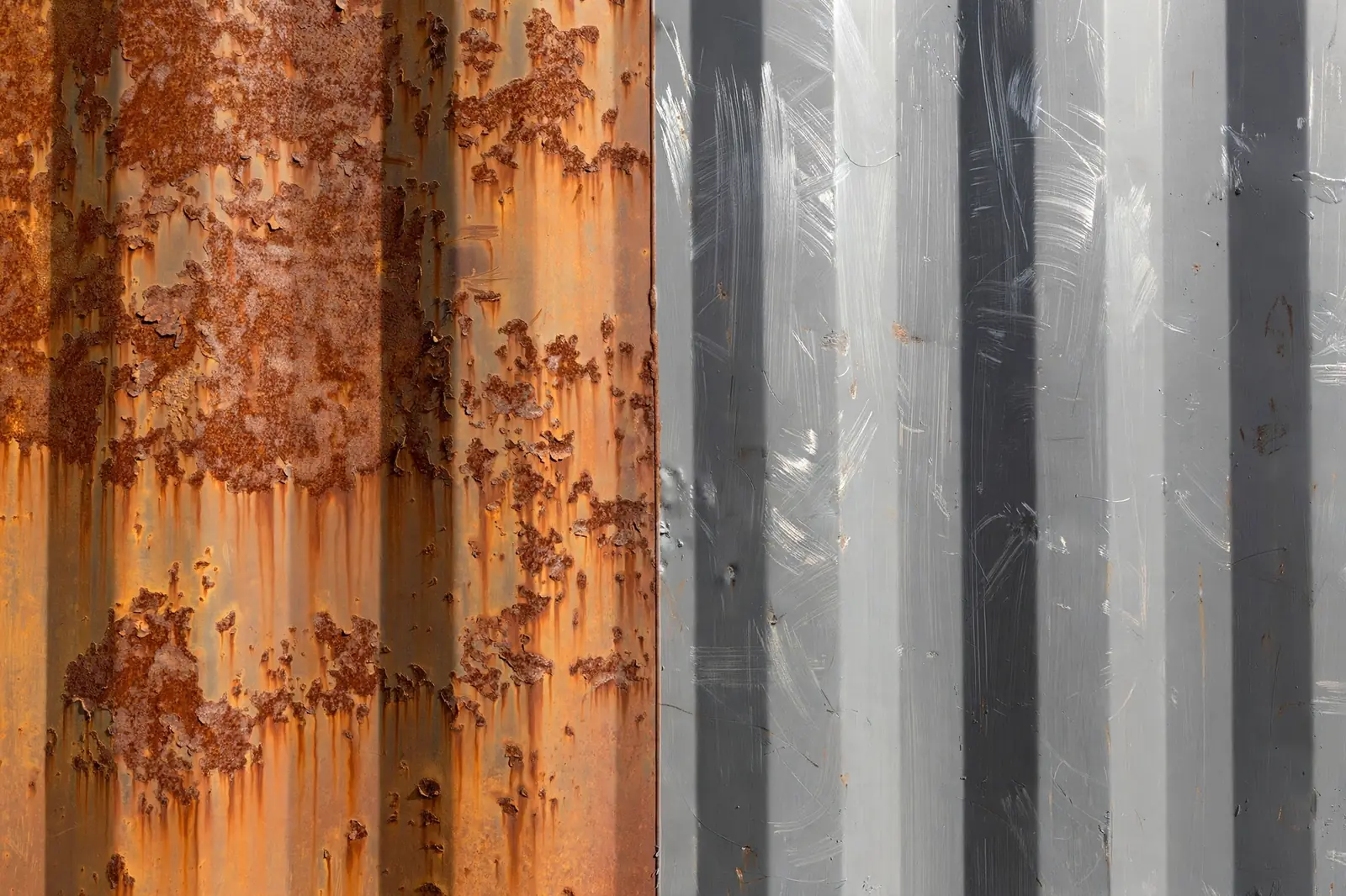 Close-up of rust spots on a corrugated corten steel container wall, half cleaned back to bare metal with primer applied