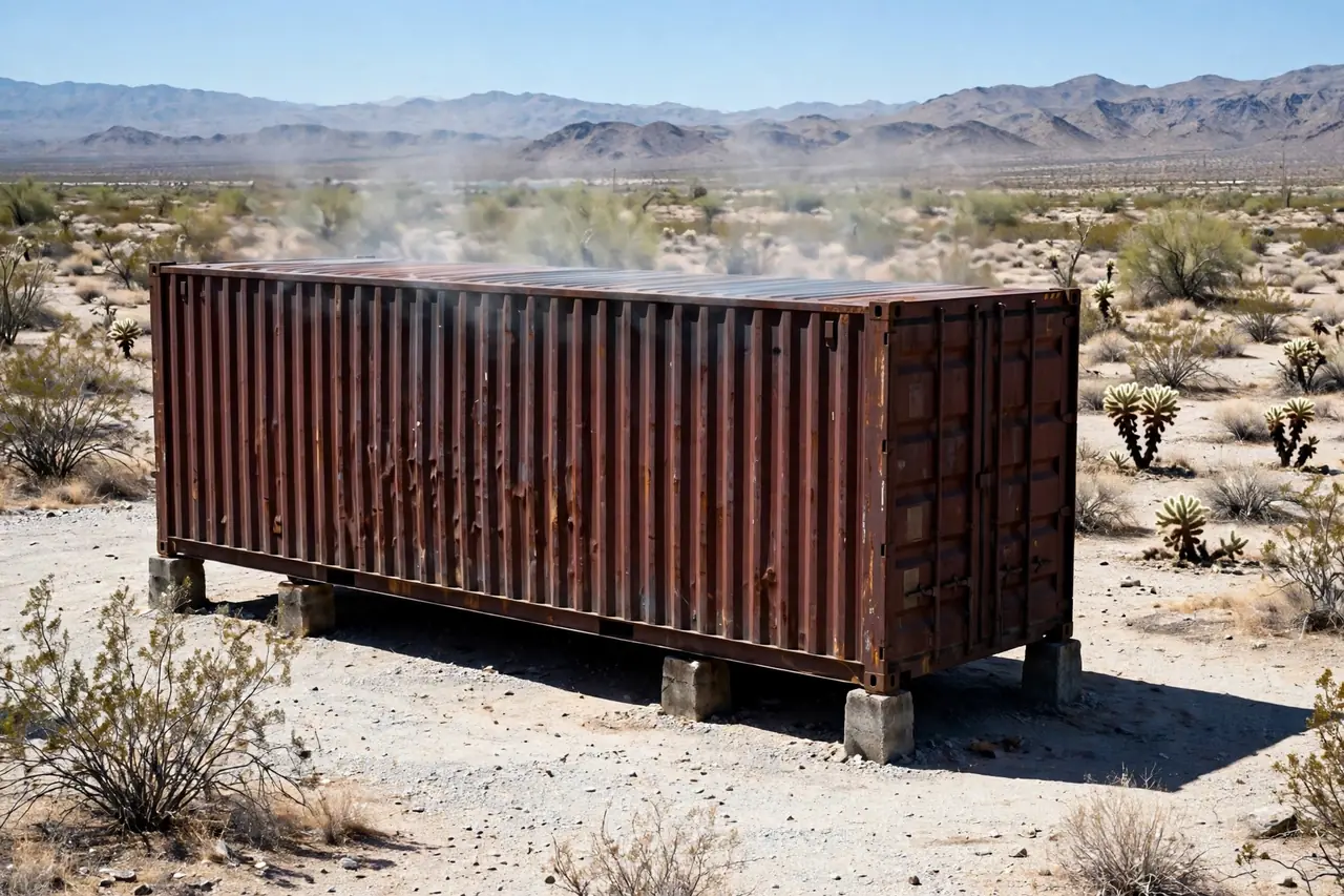Dark red shipping container on concrete piers in the Arizona desert, visible heat shimmer rising off the sun-baked roof