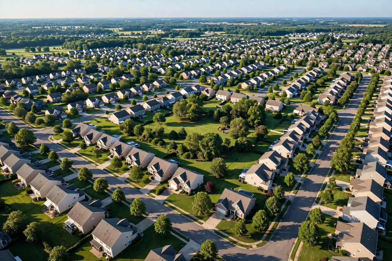 Aerial view of a uniform suburban neighborhood with neat houses, tree lined streets and green lawns