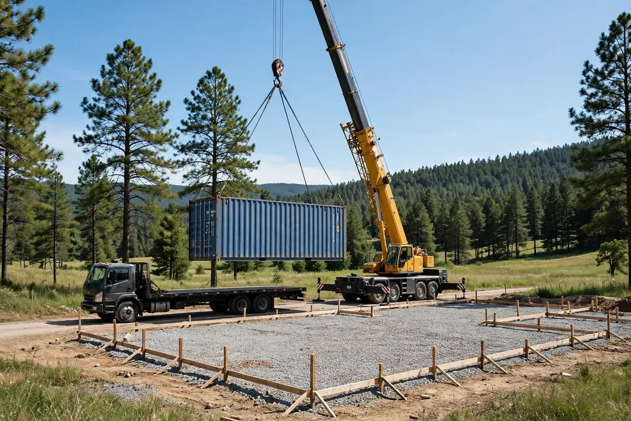 Crane lifting a shipping container from a flatbed truck onto a gravel pad at a rural building site
