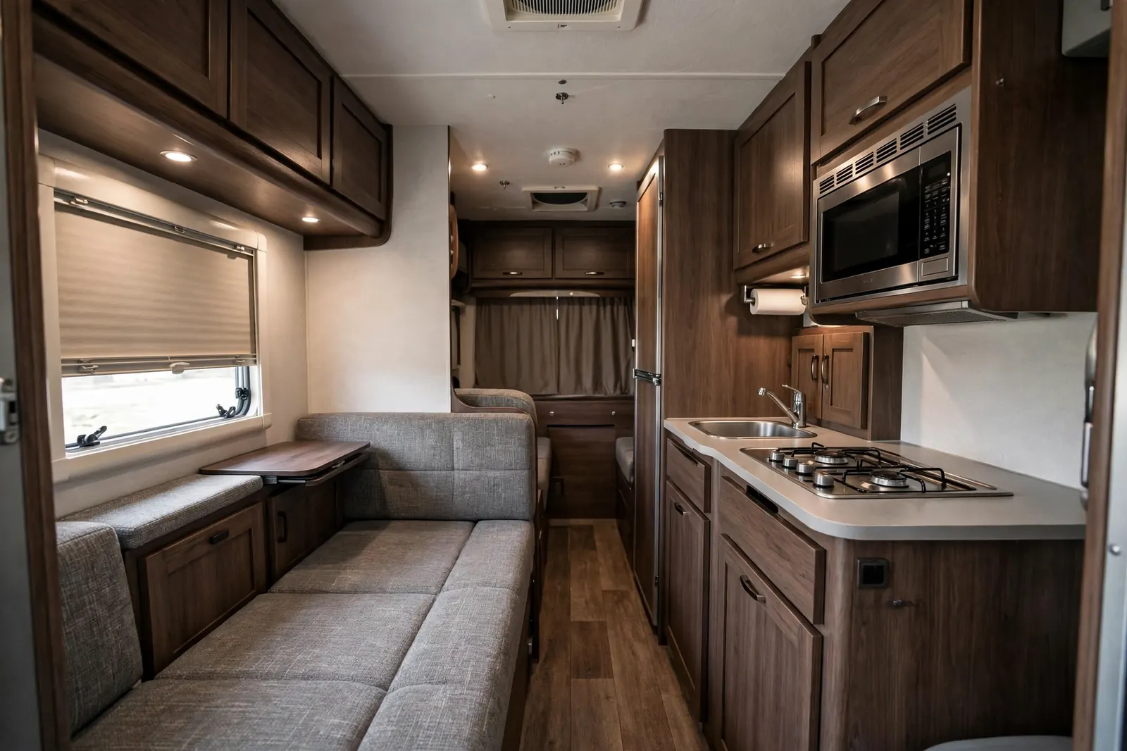 Narrow motorhome aisle with slide-outs retracted and kitchen cabinets close together