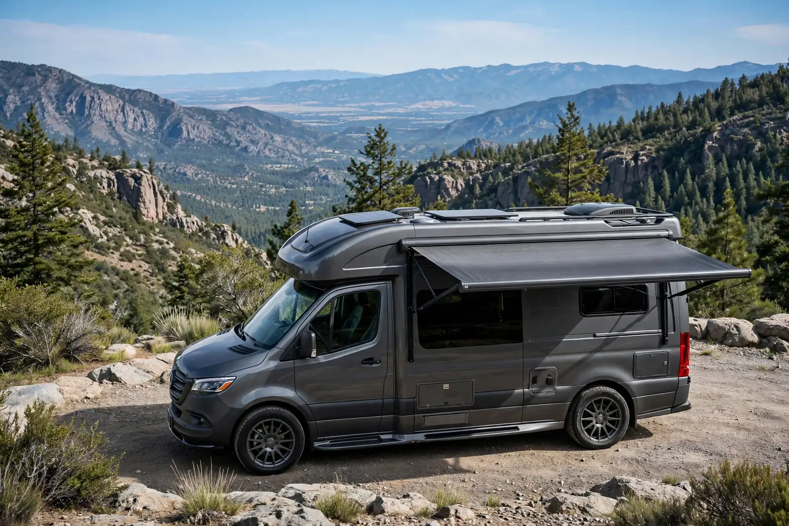 Professionally converted luxury camper van exterior at a mountain overlook