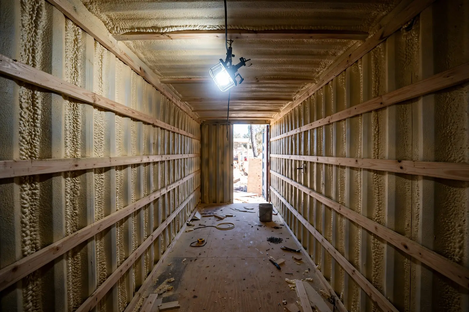 Interior of a shipping container under construction with spray foam insulation covering the steel walls and wooden furring strips installed