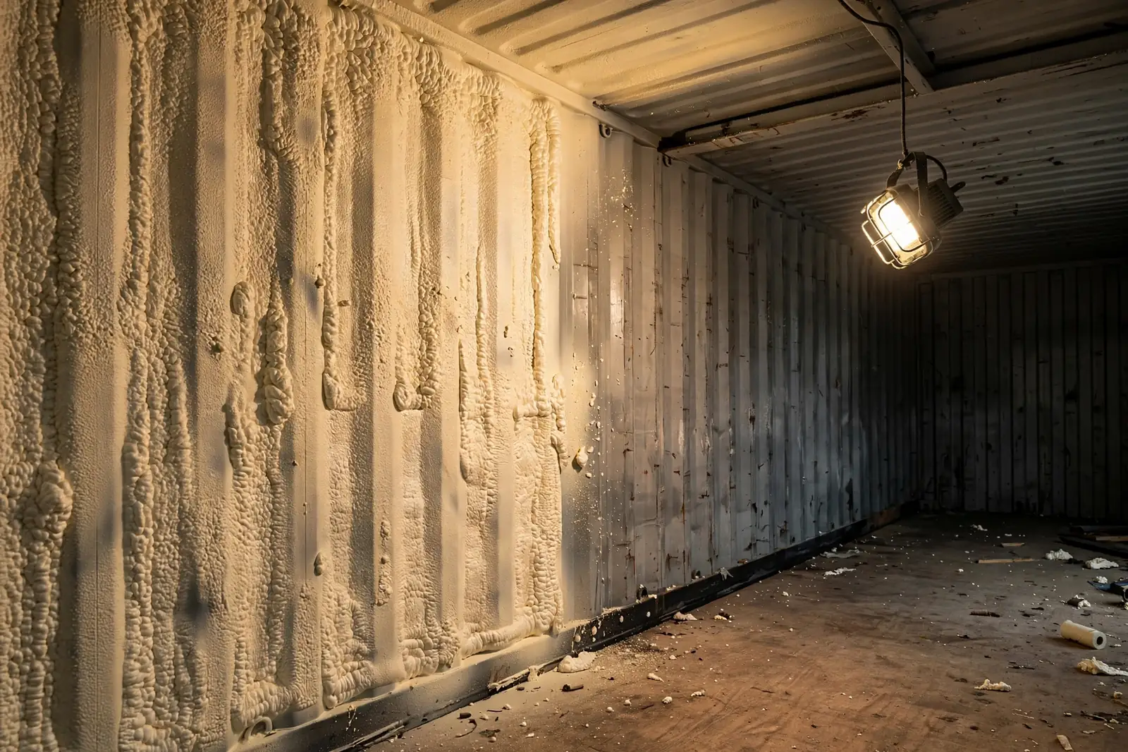 Interior of a shipping container with closed-cell spray foam insulation partially applied over the corrugated steel walls