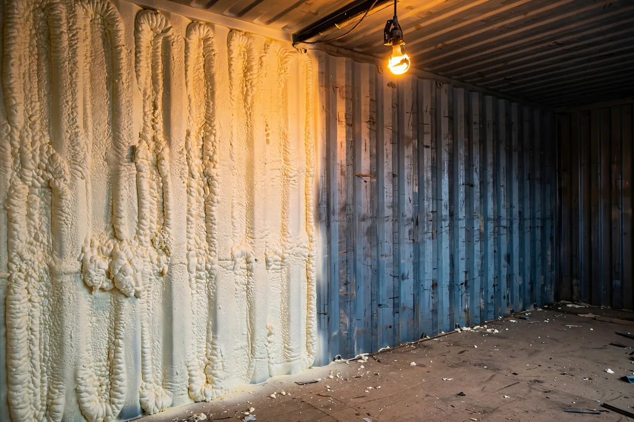 Thick cream-colored closed-cell spray foam insulation freshly applied over half of a corrugated steel container wall during conversion