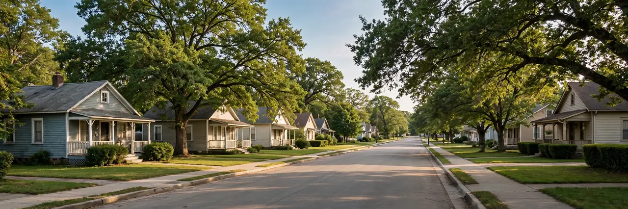 Quiet small town residential street with older modest houses, mature trees and clean sidewalks in warm daylight