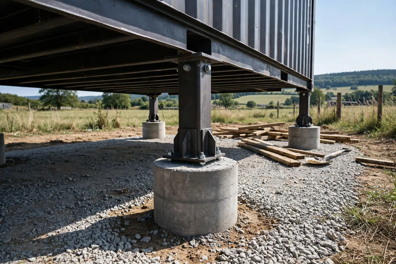 Close-up of concrete pier foundation with steel brackets supporting a shipping container corner
