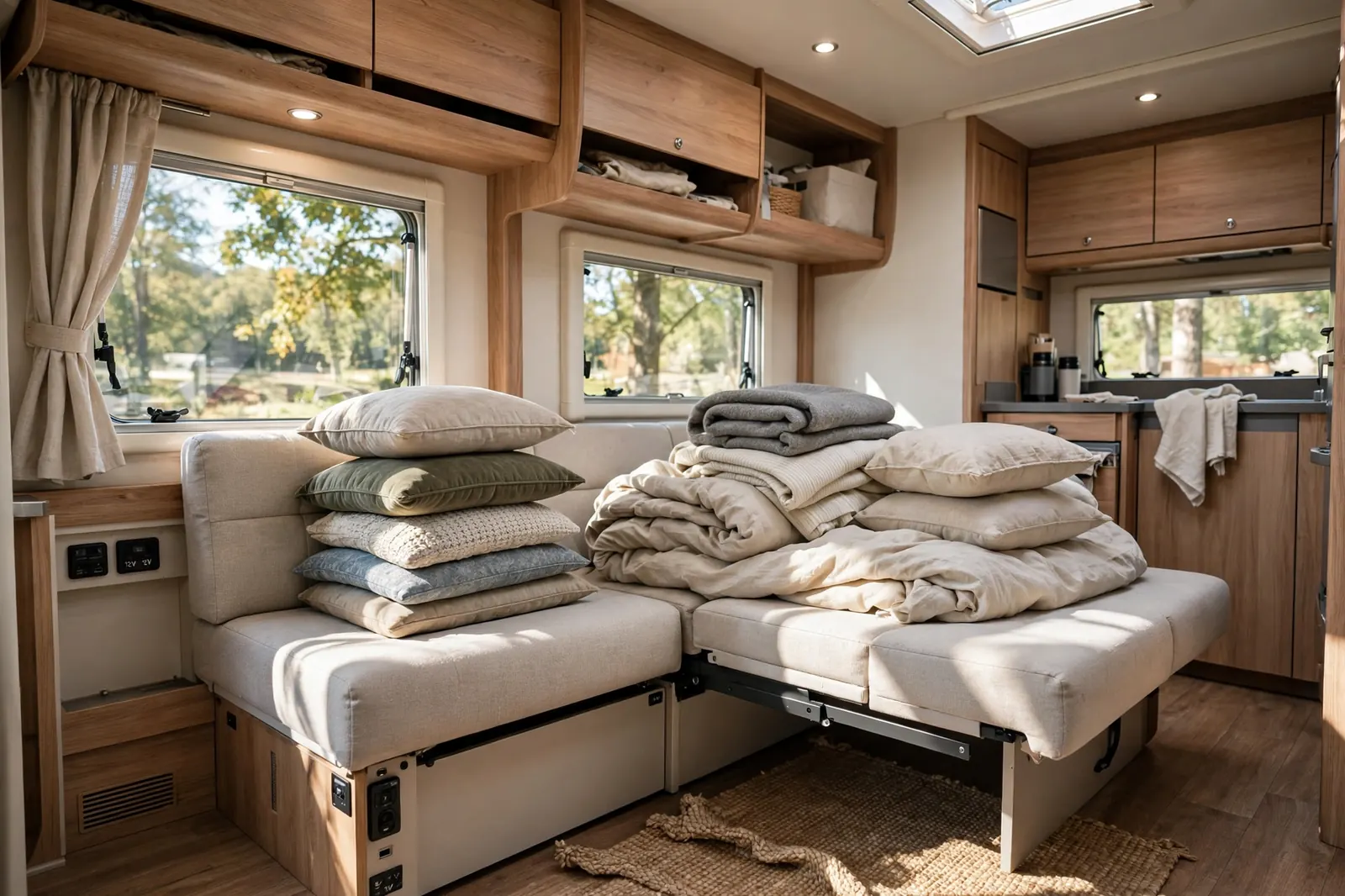 Motorhome sofa bed half folded with bedding and cushions piled on top during daytime