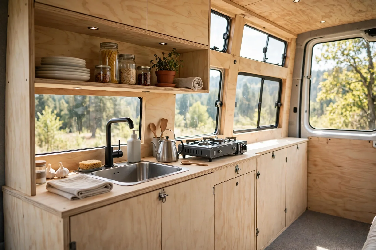 Simple DIY camper van kitchen with plywood cabinets and portable stove