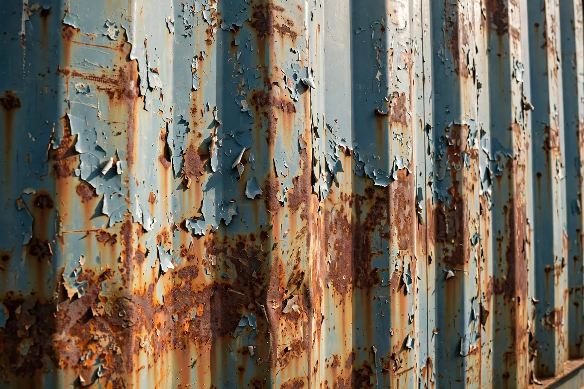 Close-up of orange rust patches spreading through peeling paint on a shipping container exterior wall