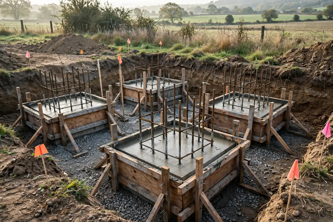Concrete pier footings with rebar cages and wooden formwork set in an excavated trench for a container home foundation