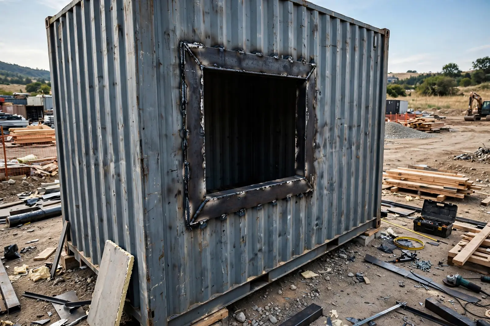 Window opening cut into a shipping container wall with a welded steel reinforcement frame around it