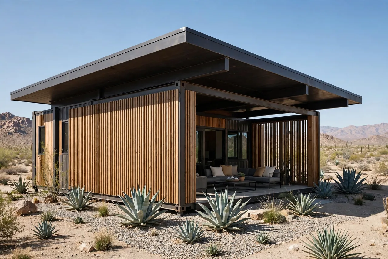Modern shipping container home in the desert with vertical wood slat cladding and a wide overhanging roof shading a patio