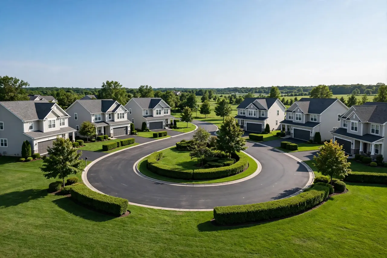 Pristine suburban subdivision with matching two story houses around a landscaped cul-de-sac