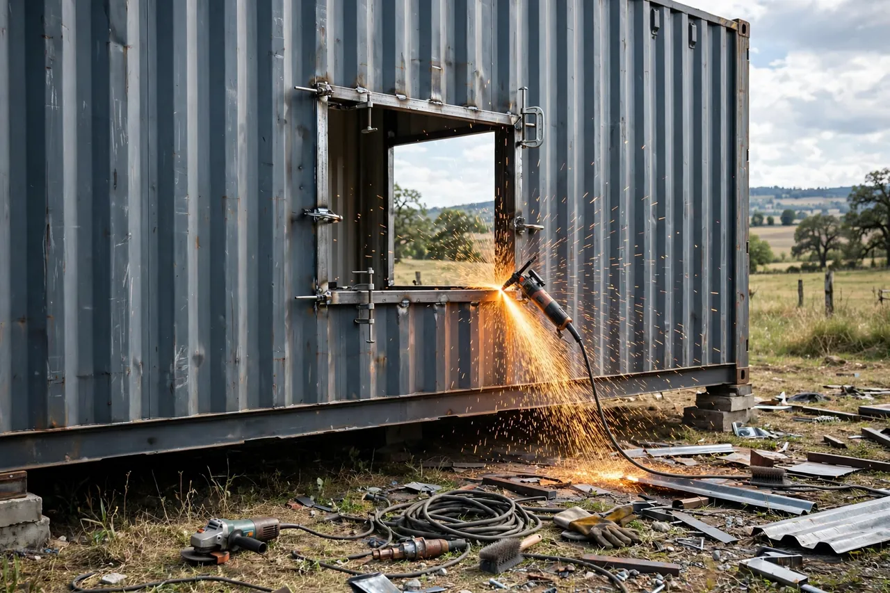 Window opening being cut into a shipping container wall with sparks from a cutting tool during construction