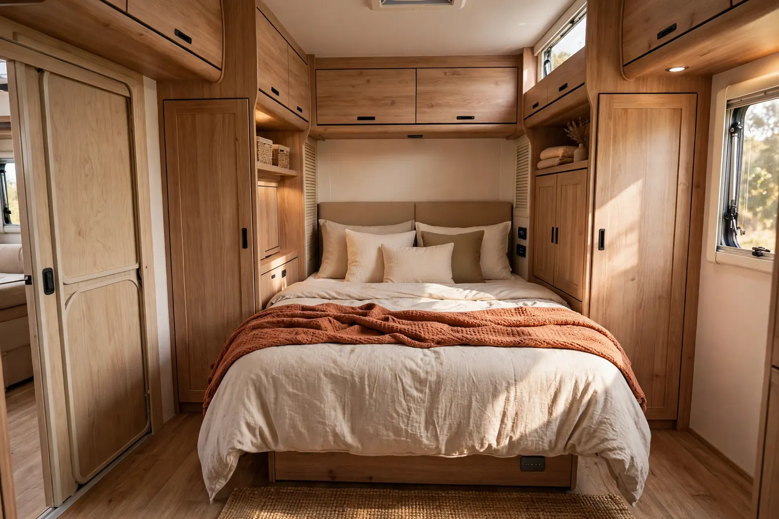 Motorhome rear bedroom with fixed queen bed, wardrobes, and sliding pocket door