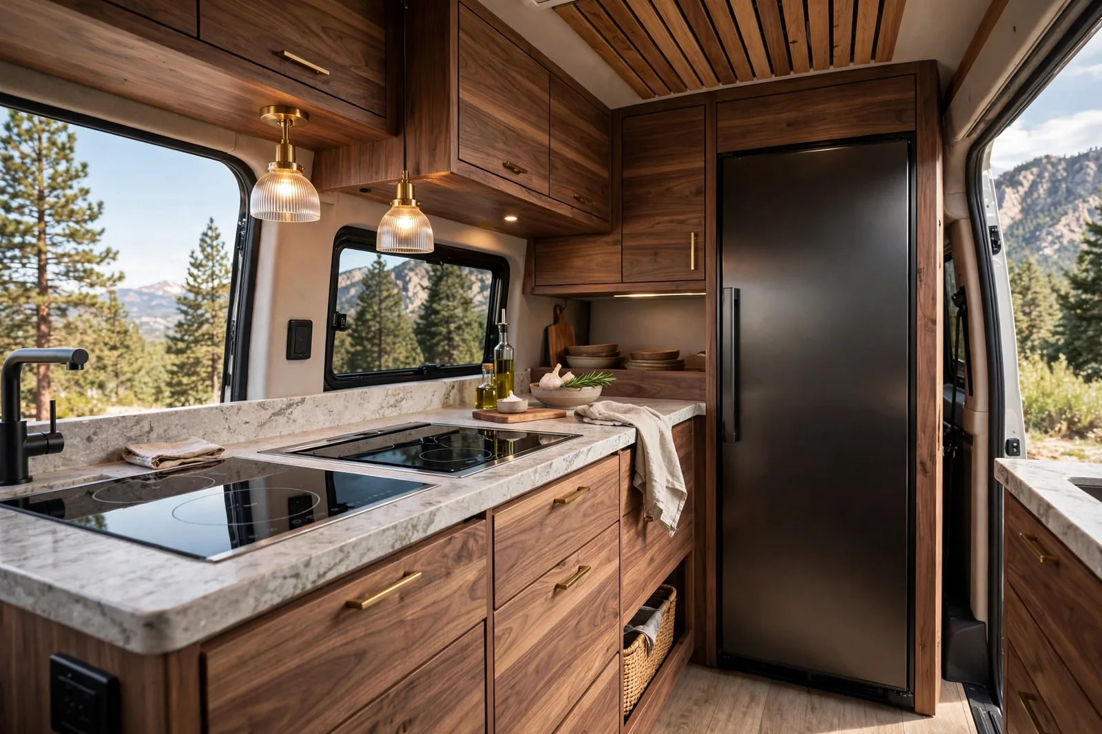 Premium professional camper van kitchen with walnut cabinets and induction cooktop