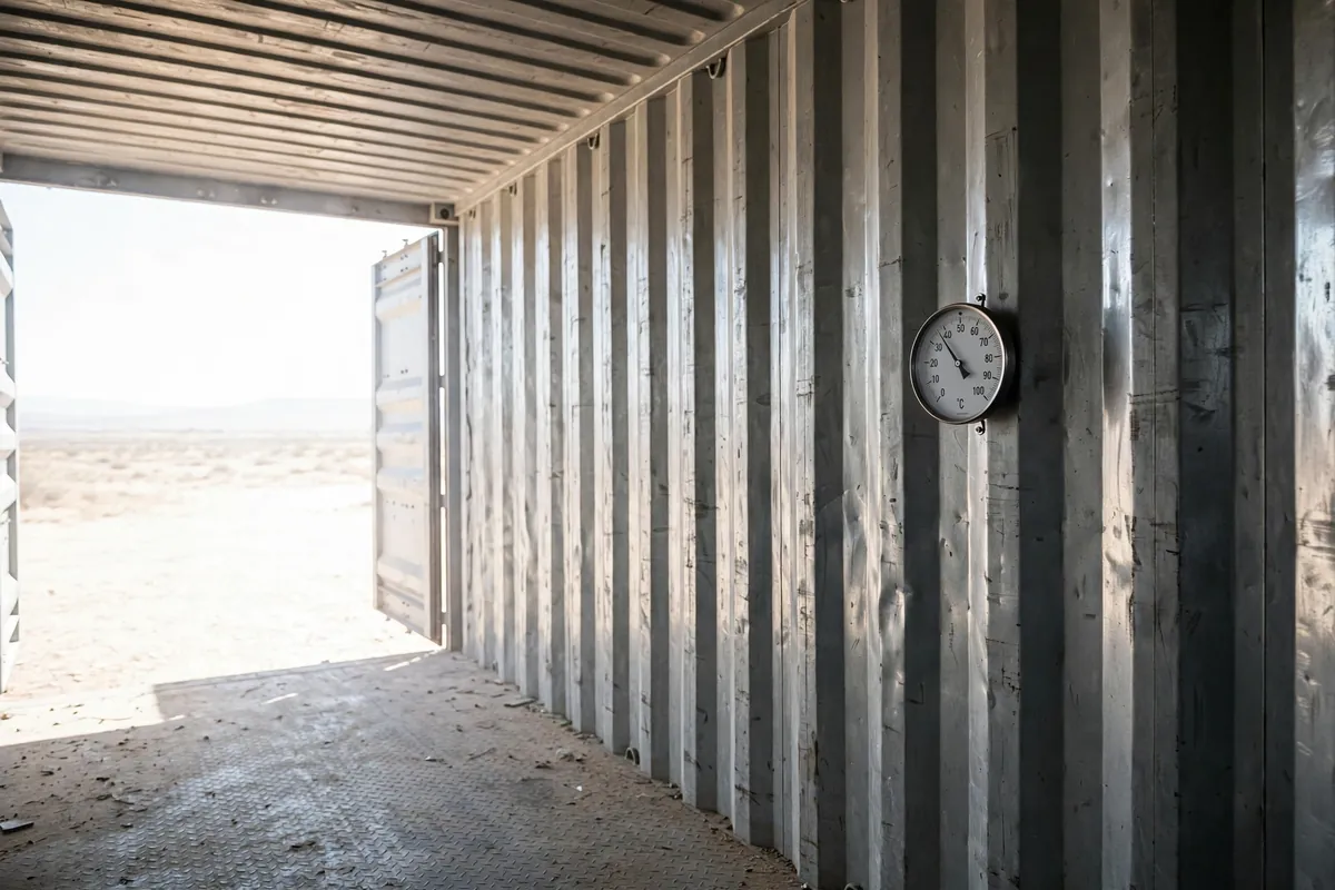 Round dial thermometer mounted on the wall inside a bare metal shipping container in desert heat