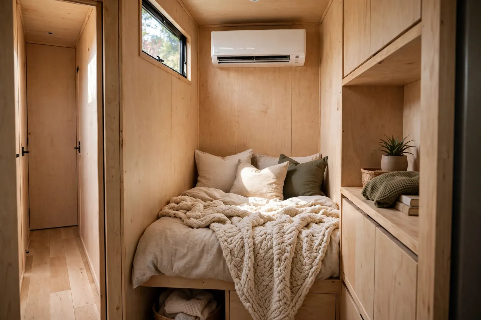 Narrow finished container home bedroom with a ductless mini split air conditioner mounted high on a wood paneled wall
