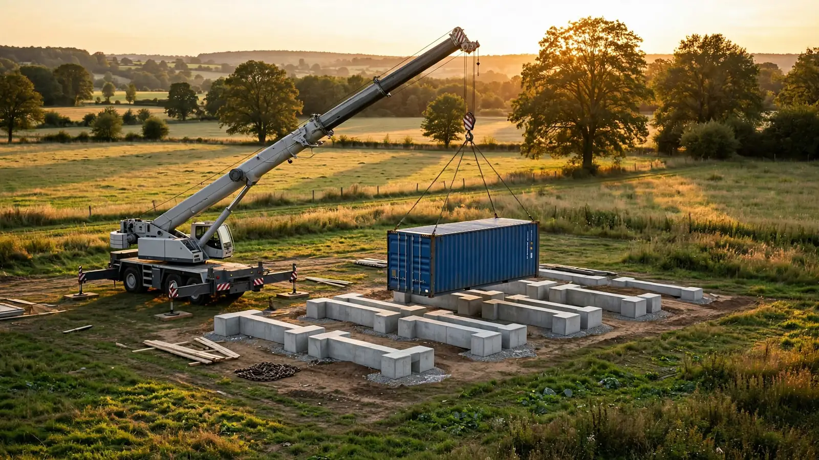 Crane lowering a shipping container onto concrete pier foundations on a rural building plot