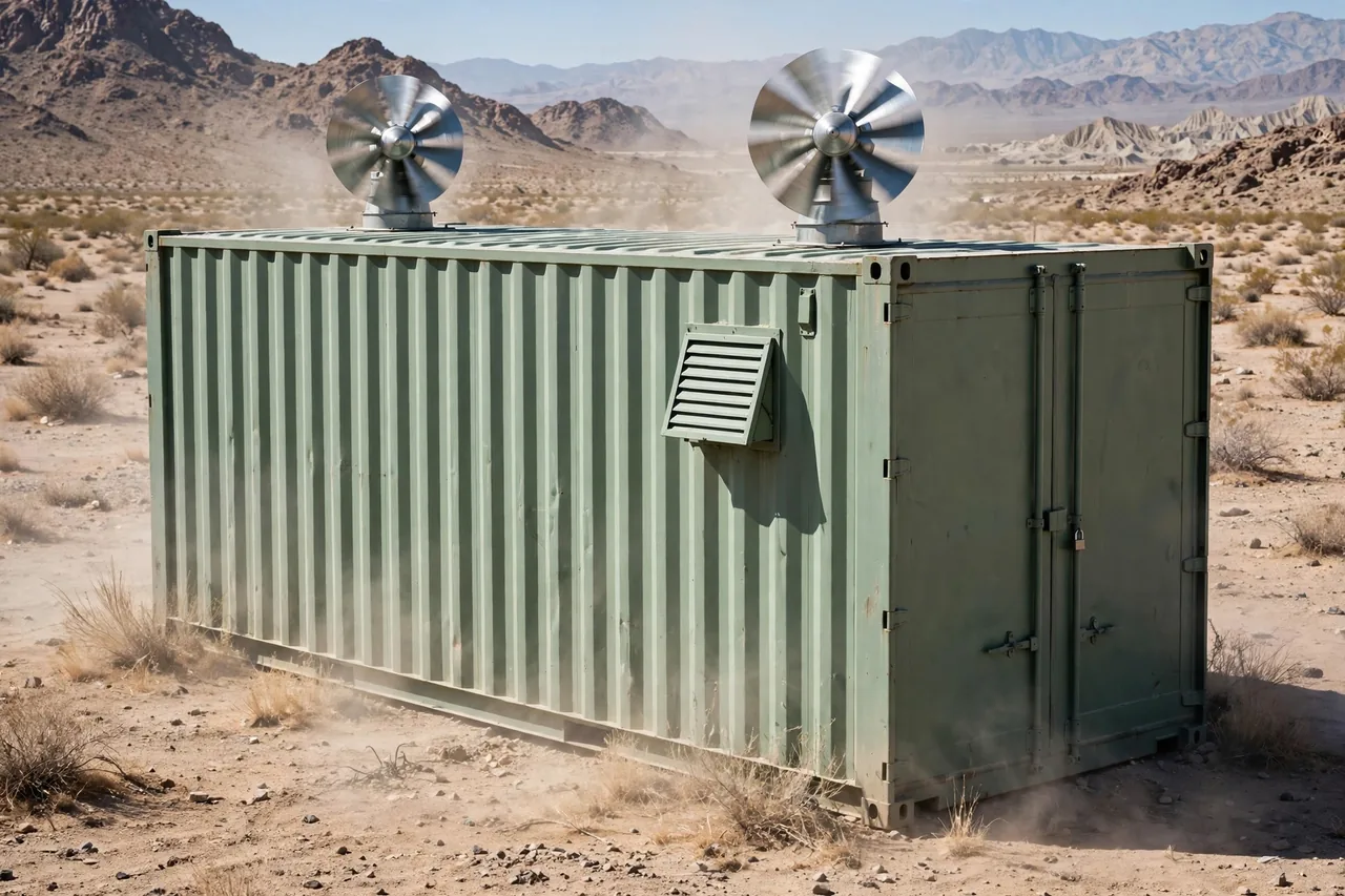 Sage-green shipping container in the desert with two spinning turbine roof vents and a louvered wall vent