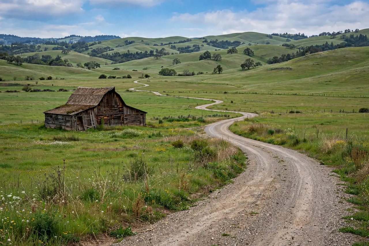 Open rural countryside with green pasture, weathered wooden barn and winding gravel country road