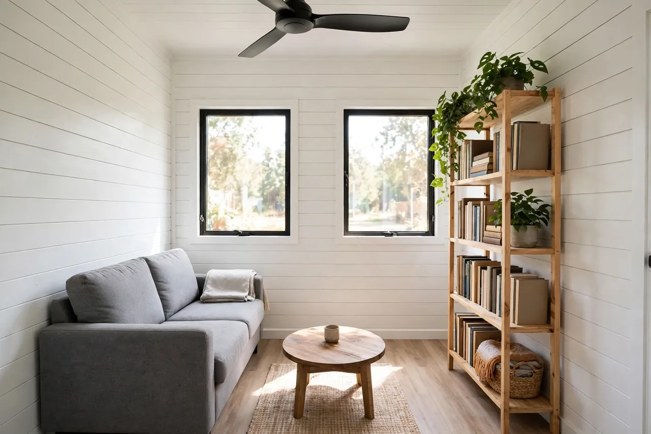 Bright small living room inside a container home with white shiplap walls, gray loveseat, bookshelf, and ceiling fan