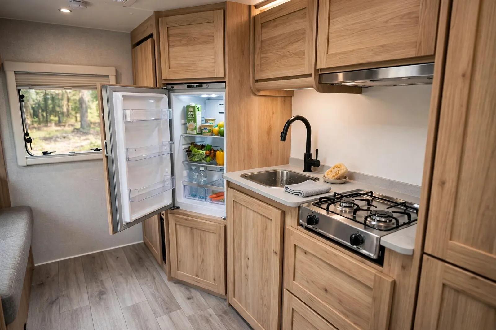 Compact motorhome galley kitchen with open fridge, sink, and gas cooktop